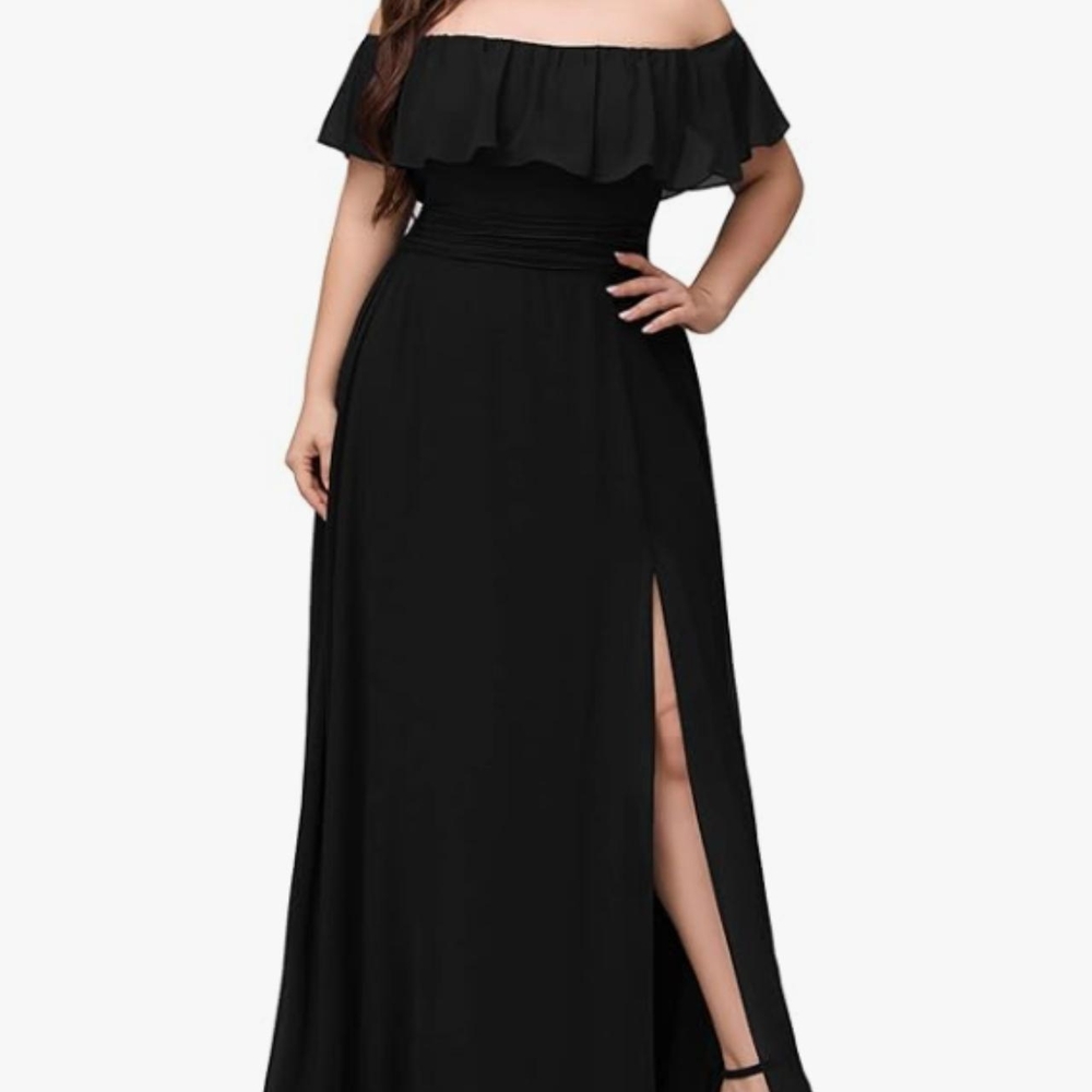 NWT ePretty Black Off-Shoulder Ruffled Gown with Slit